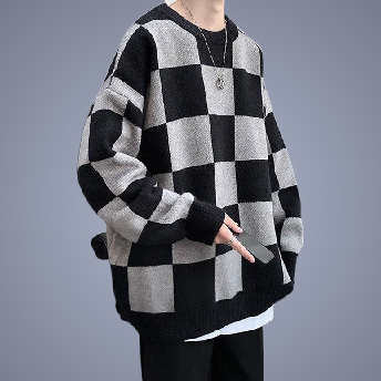韓国通販大活躍 切り替え チェック柄 配色 長袖 M-2XL セーター